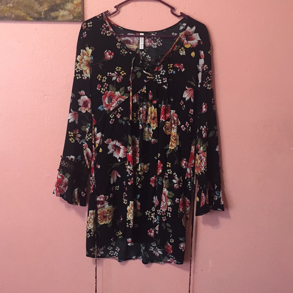 A medium black, floral printed dress.
